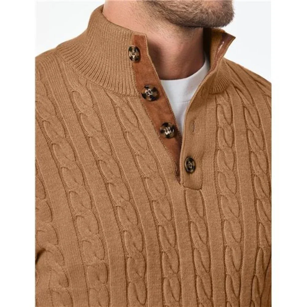 NEW Men's Cable Knit Pullover Sweater Casual Long Sleeve Stand Collar - Picture 5 of 6